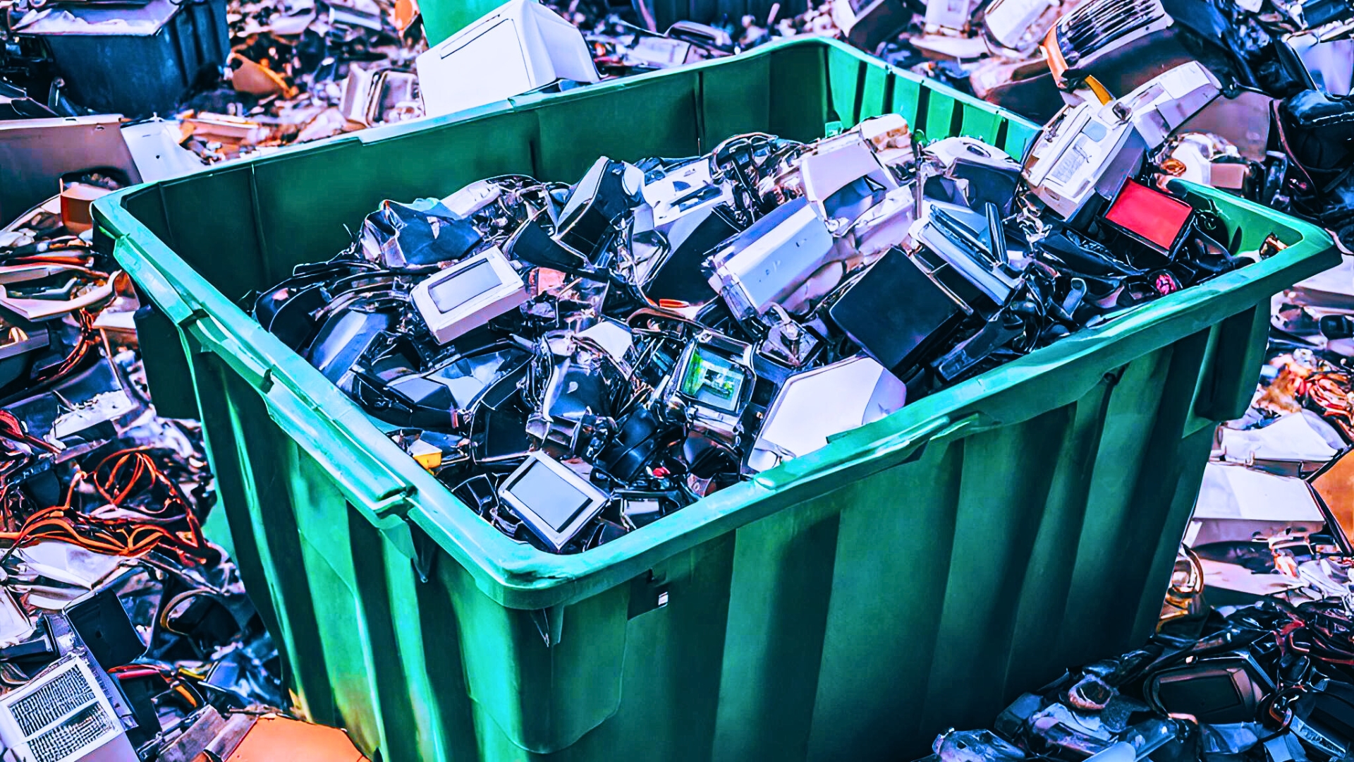 recycling garbage bin filled with electronic e-waste