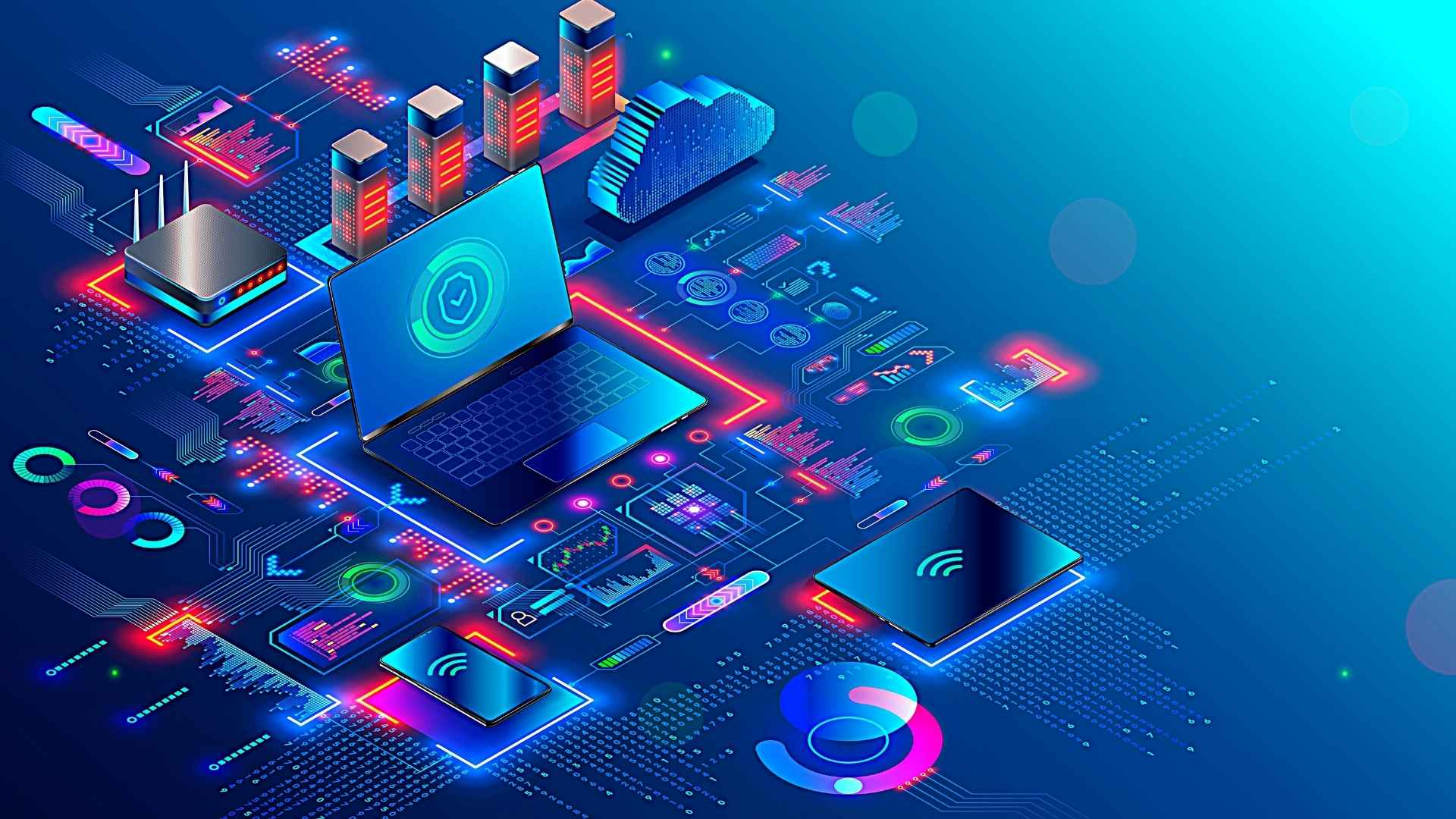 graphic of hardware rentals including laptop cloud service wifi servers and router