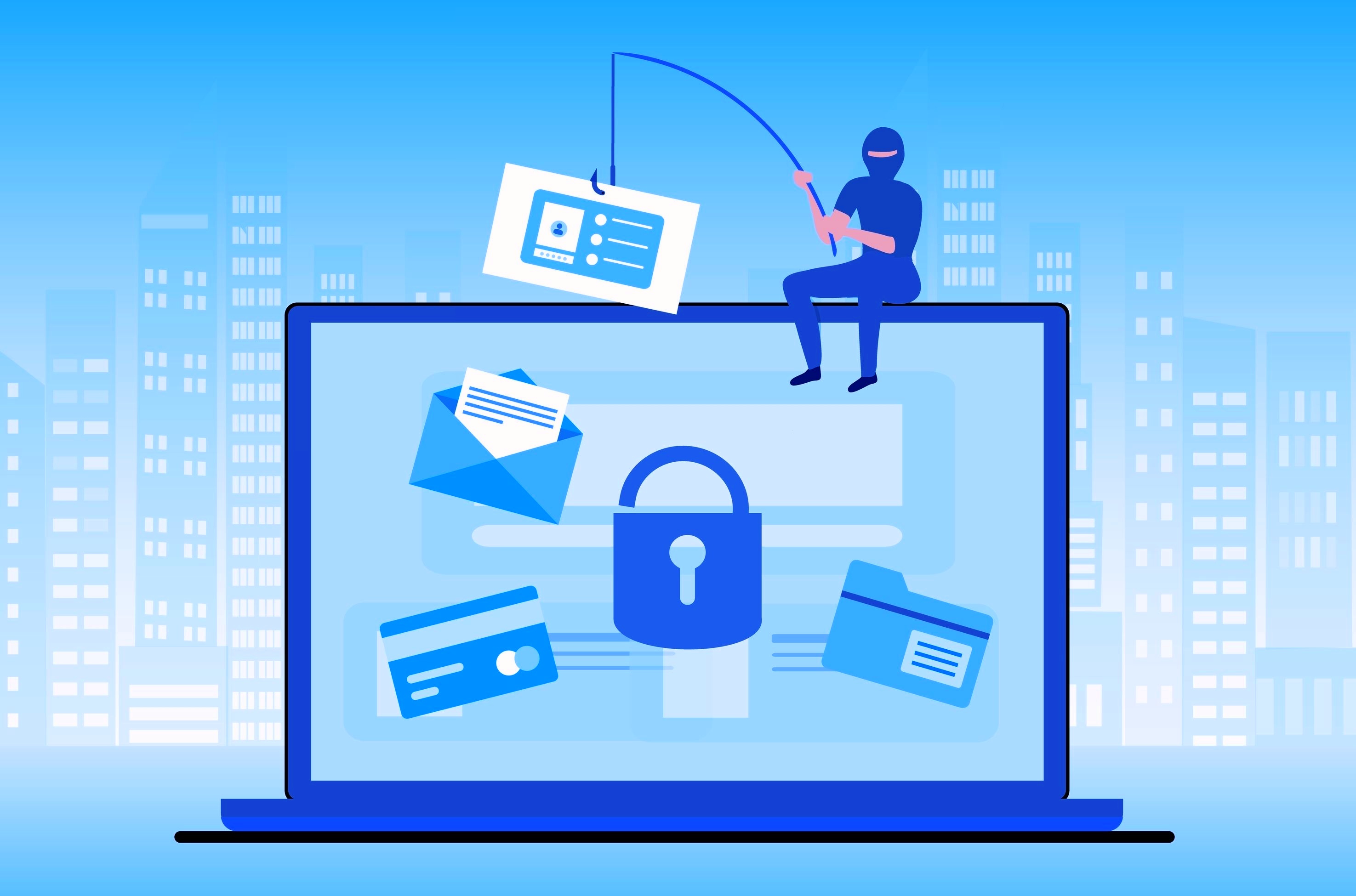 image of hacker cybercriminal sitting on top of laptop with a fishing rod to imply phishing for passwords emails finance theft