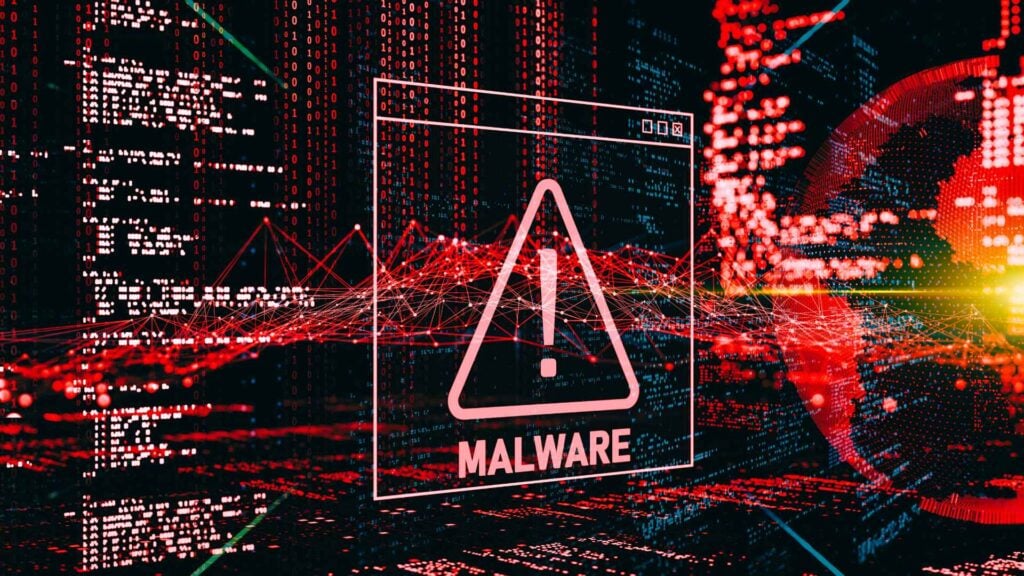 malware graphic with large red exclamation mark with error messages across screen