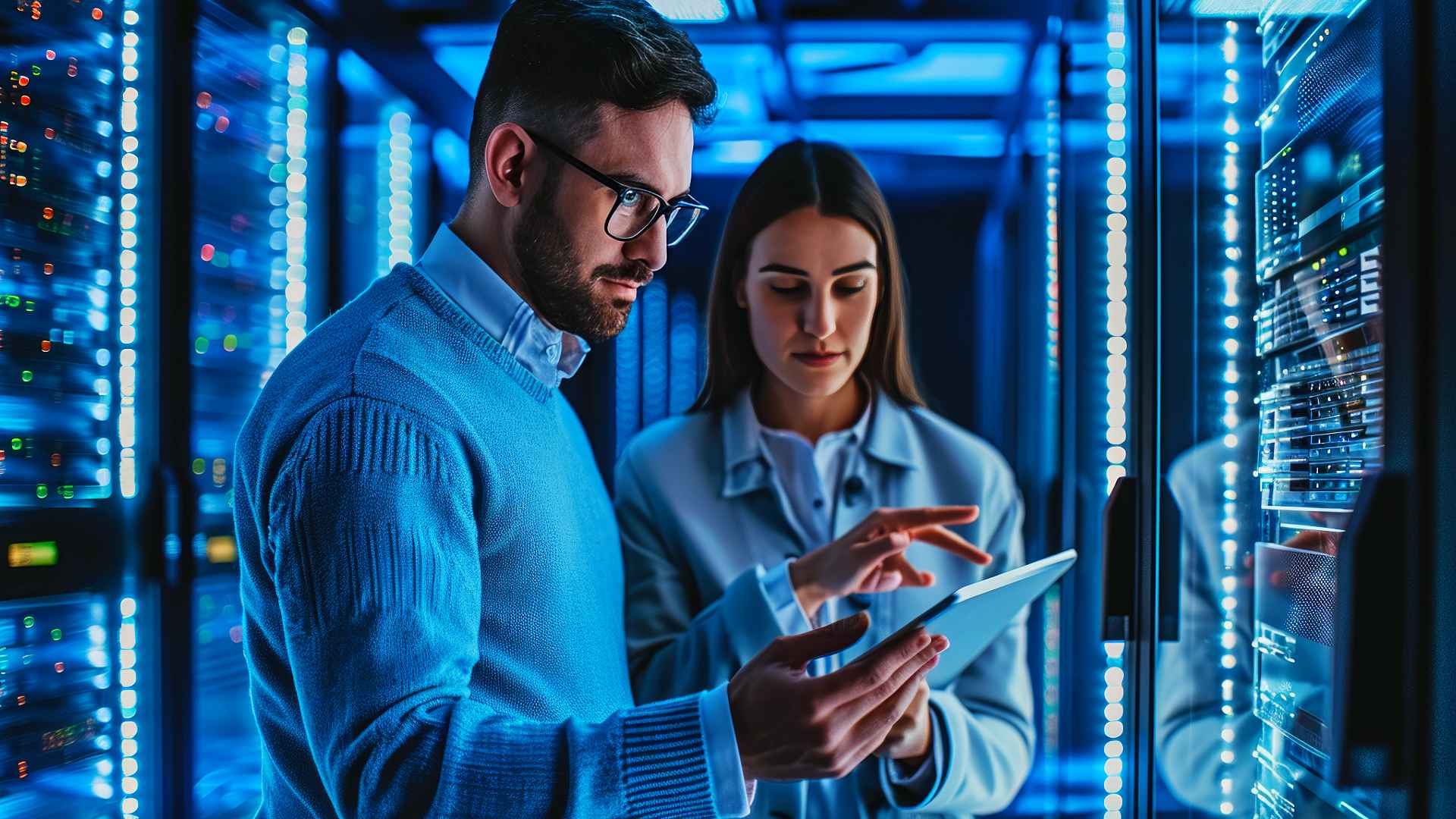 business man and business woman performing managed IT service tasks holding a tablet in a data server room