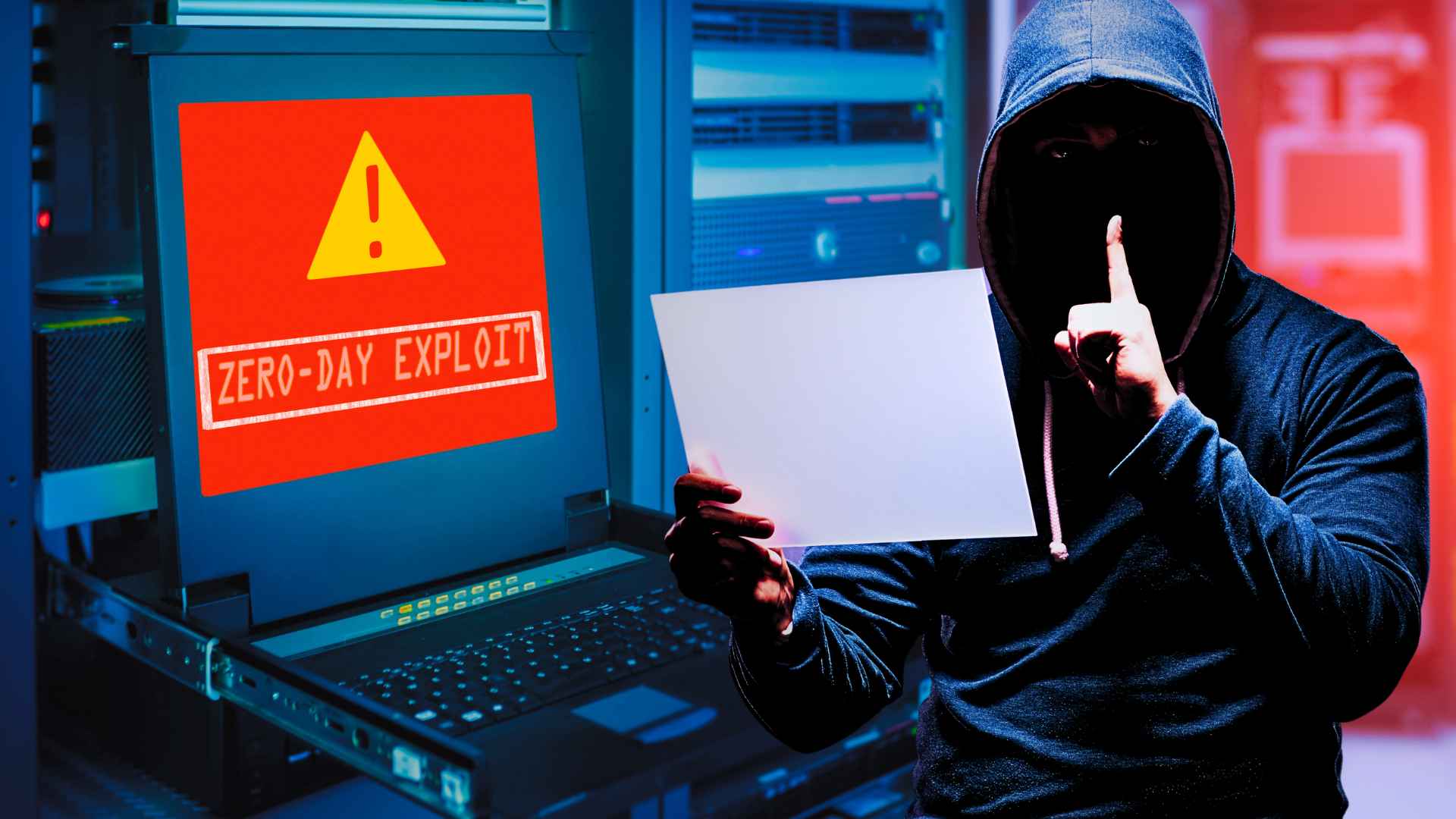 hooded figure in front of a device that says zero-day exploit on the screen with a large error warning sign