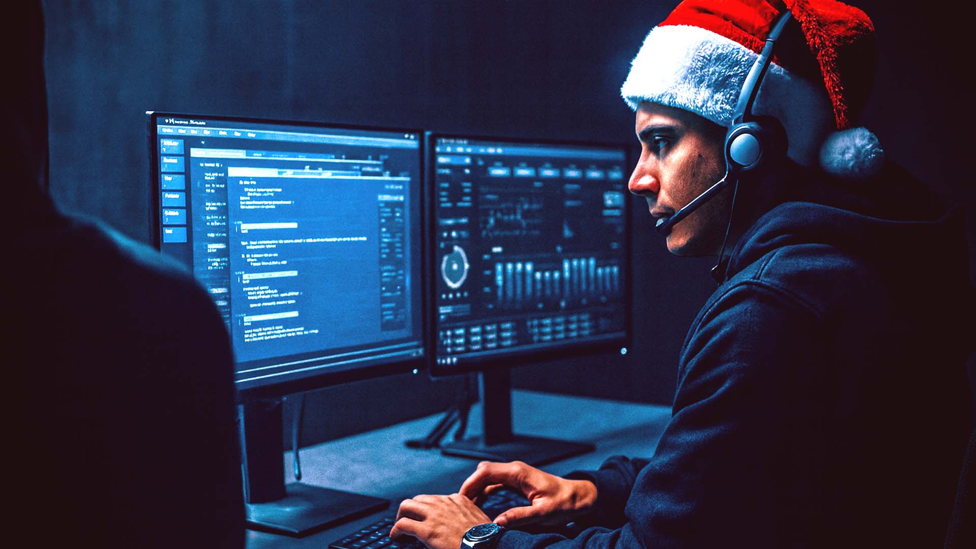 hacker performing christmas scams sitting at their desk typing on keyboard with cyberattack screen open