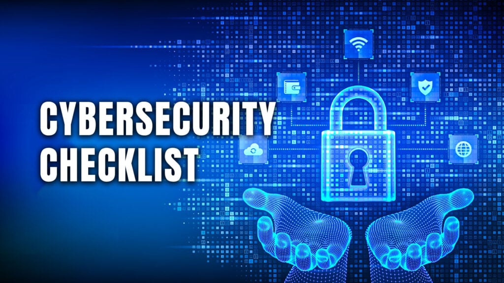 cybersecurity checklist with hologram hands holding a floating padlock symbolising cybersecurity with icons surrounding it