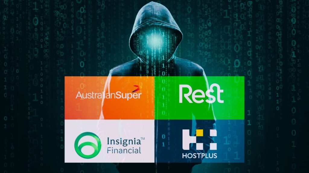 hacker in hooded figure standing behind logos of australian superannuation