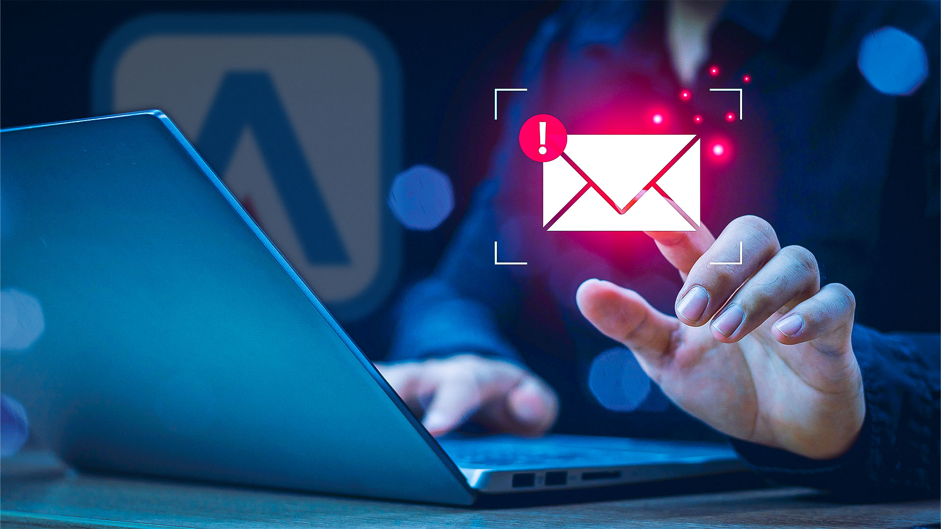 business person typing on laptop keyboard pointing at an alert symbolising email spoofing with adept it solutions logo in background