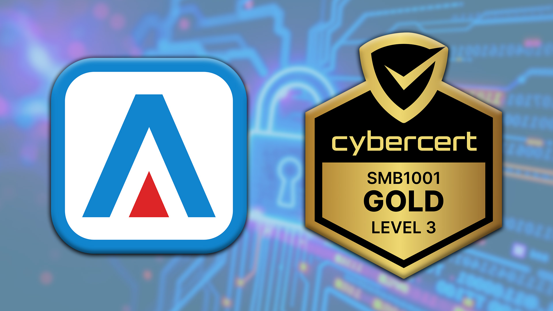 adept it solutions logo next to cybercert smb 1001 gold level 3 logo in front of padlock background