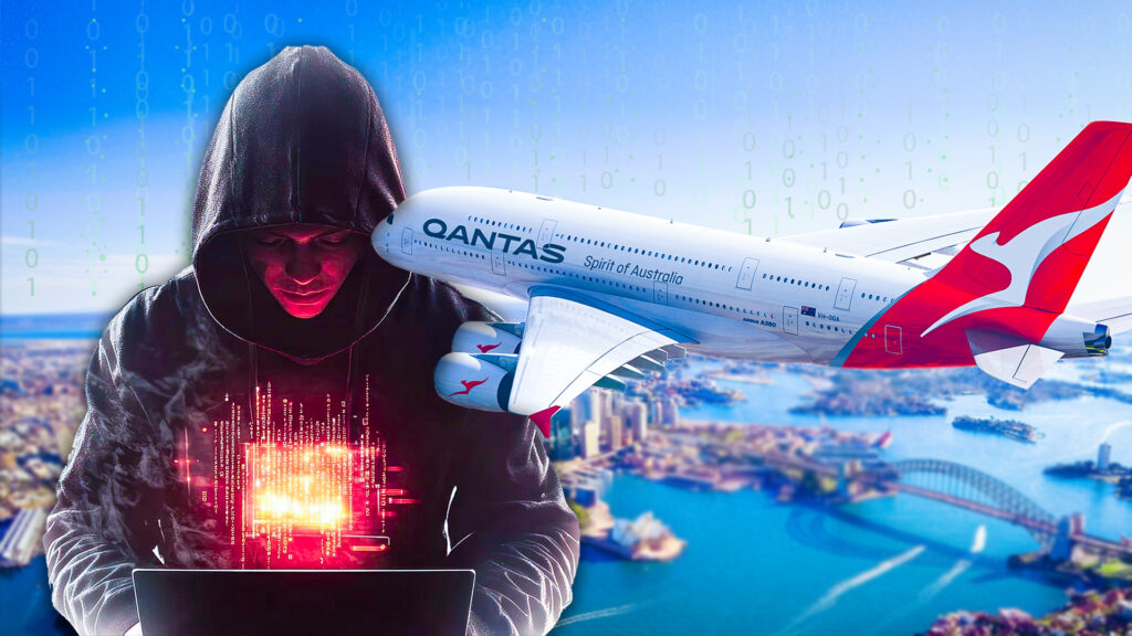 hacker on computer performing qantas data breach as a qantas airplane flies over sydney new south wales australia