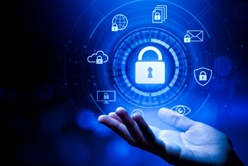 hand held out with a cybersecurity padlock floating above with mail web cloud file symbols surrounding
