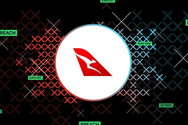 qantas logo surrounded by tech background with data breach and cyberattack text