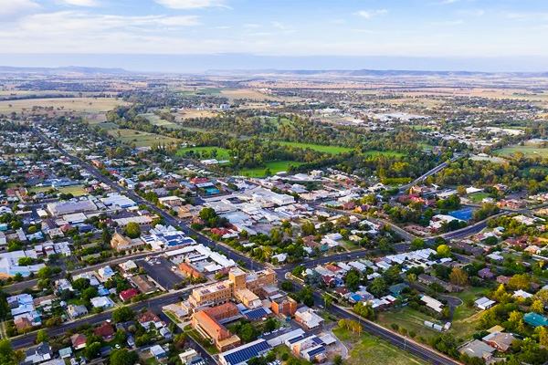 regional nsw drone shot of town and businesses