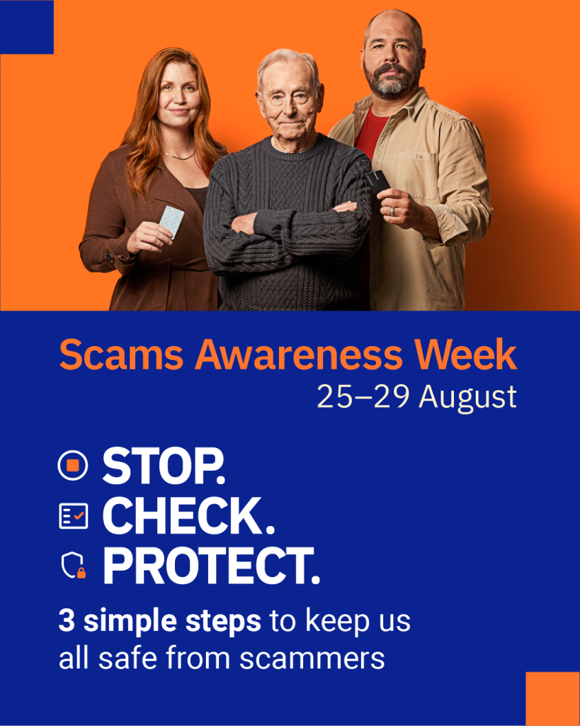 scams awareness week 2025 with 3 figures standing above text of stop check and protect