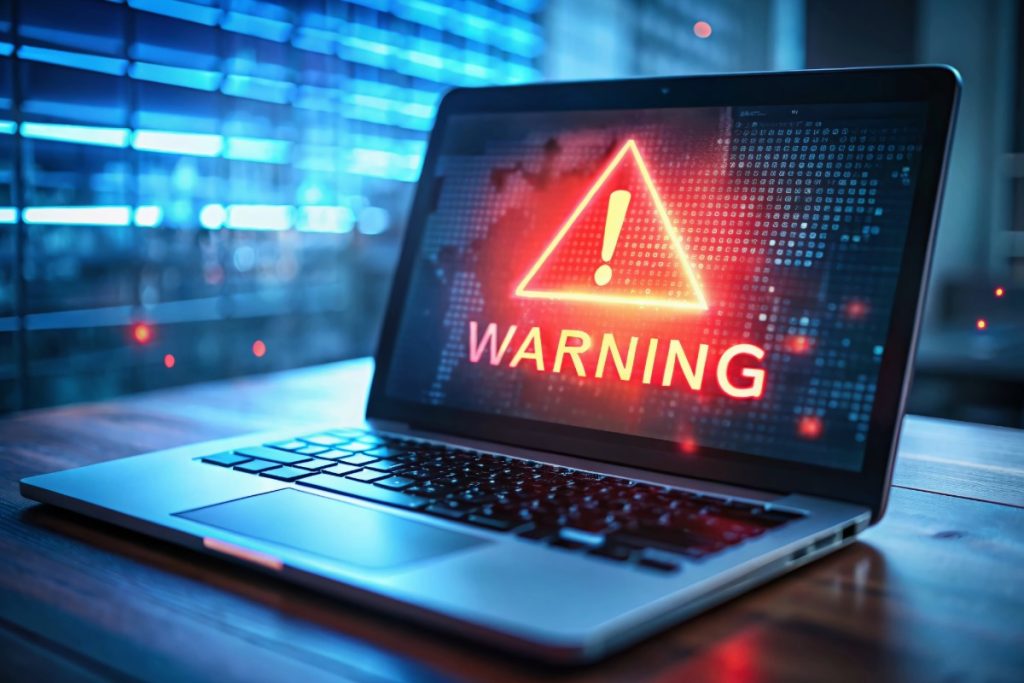 laptop with bright red and orange danger warning symbol on the screen