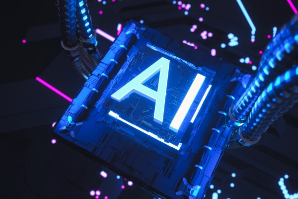 large AI adoption text with neon lighting on a motherboard chip