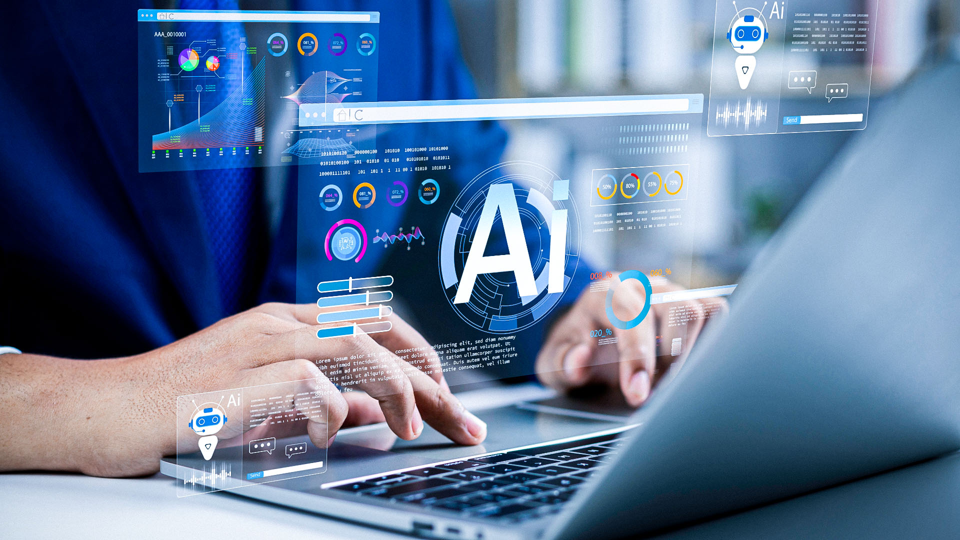 person typing on a laptop keyboard with AI adoption text hovering over the screen