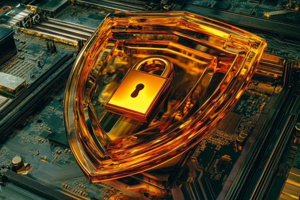 golden cybersecurity graphic with a padlock and shield