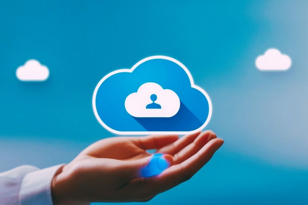 hand outreached with a cloud services hovering over the top