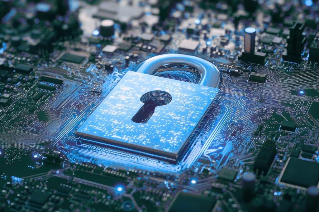 cybersecurity padlock glowing and sitting on a motherboard