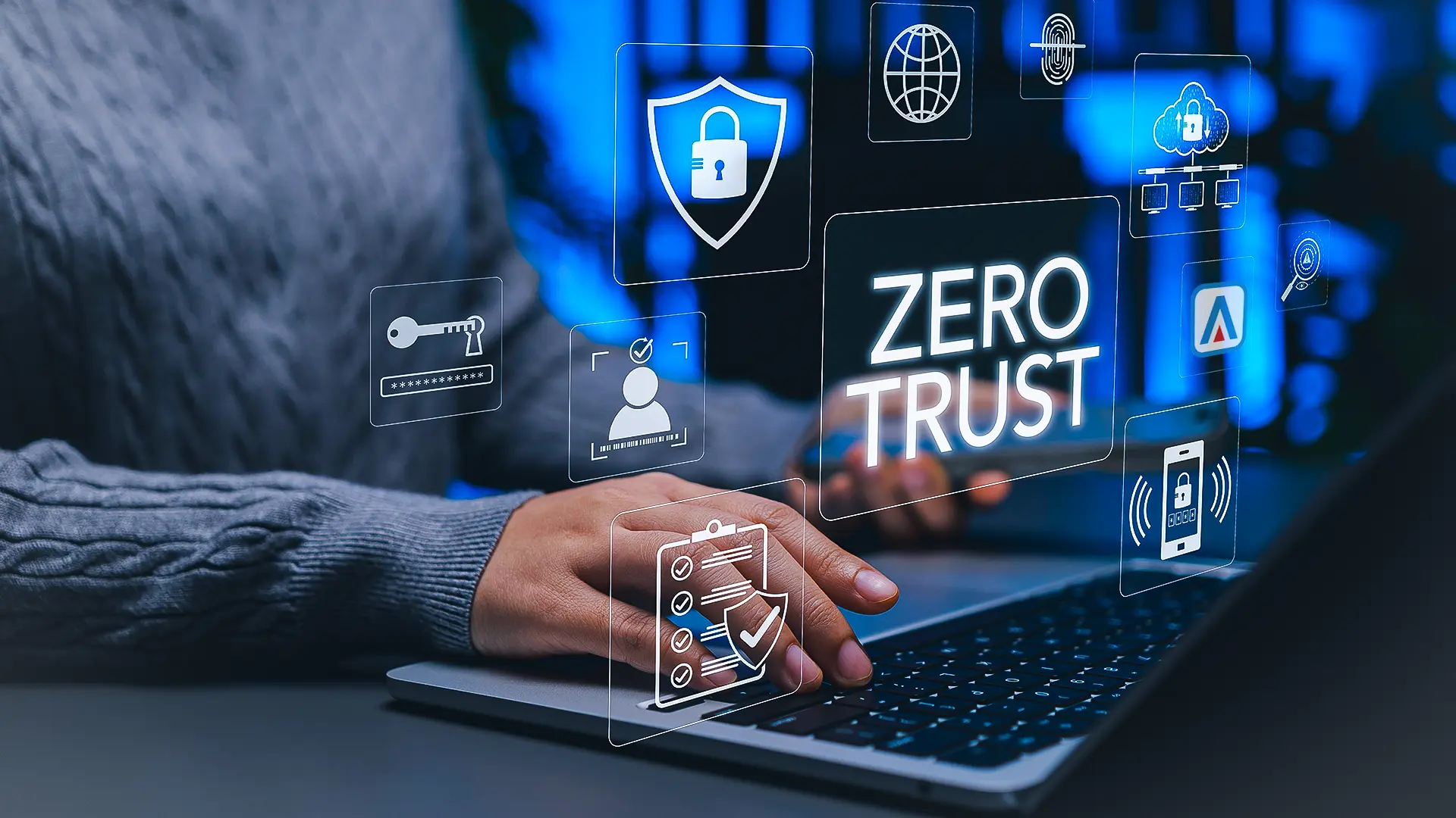 zero-trust cybersecurity person typing on a laptop with padlock user settings security and cloud fingerprint icons surrounding