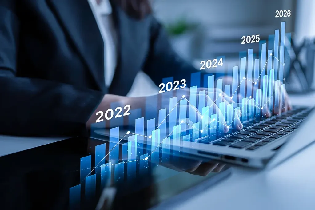 person typing on laptop with a upwards trending graph with year dates indicating business growth