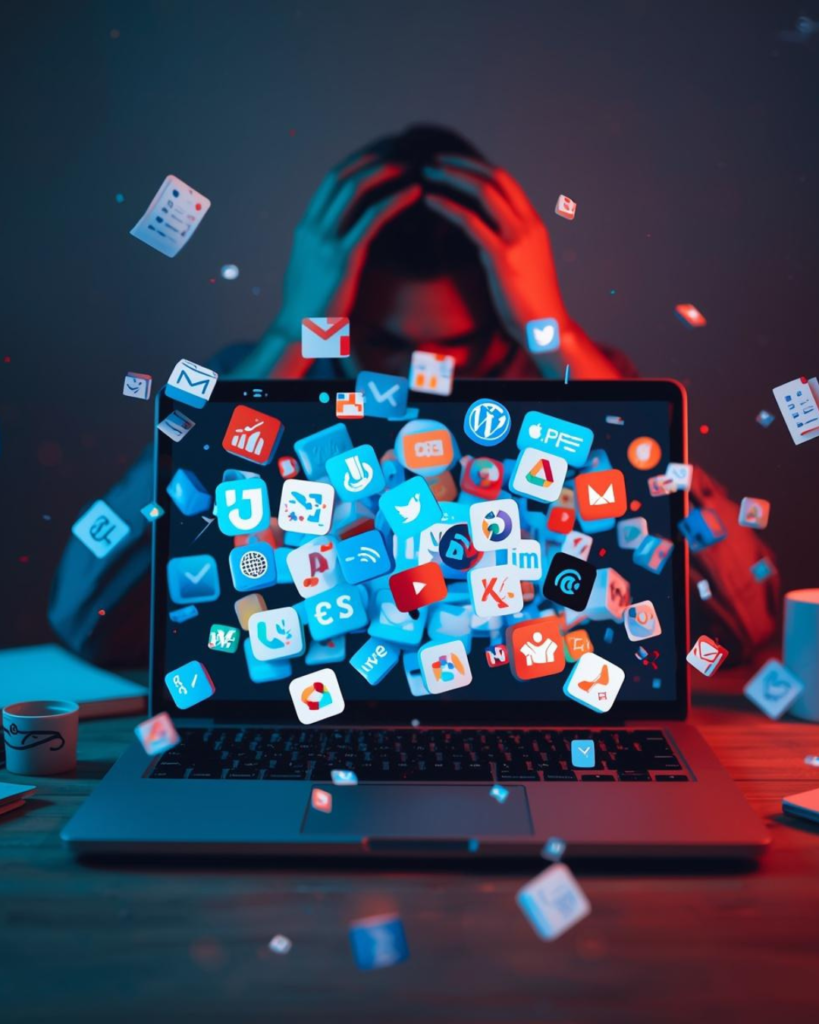 Overwhelmed business owner reviewing numerous recurring software subscriptions and hidden IT costs on laptop.