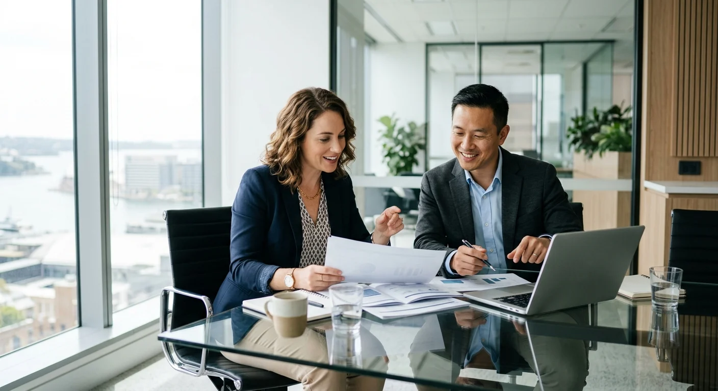 Two Australian business professionals reviewing Microsoft 365 licensing documents together in a modern meeting room ahead of July 2026 pricing changes