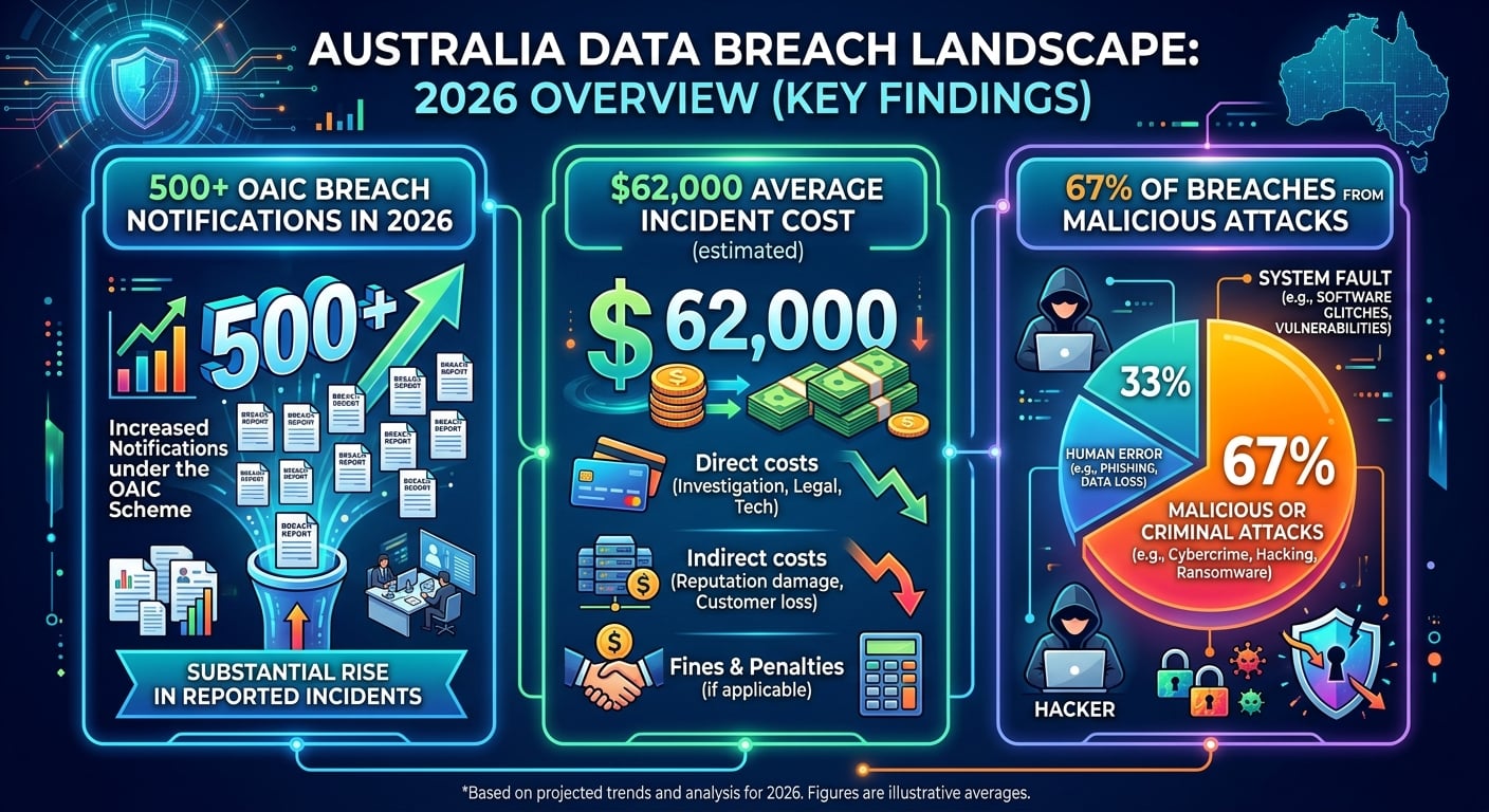 Infographic showing 500+ OAIC breach notifications, $62,000 average incident cost, and 67% of breaches from malicious attacks in Australia 2026