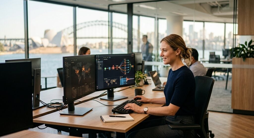 Australian IT professional monitoring AI-powered cyber attacks Australia on workstation in modern Sydney office