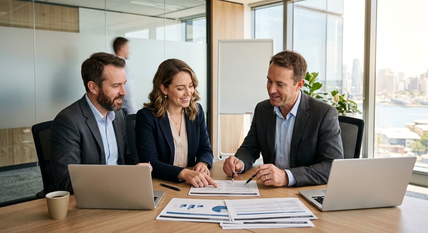 Two Australian IT professionals collaborating on a cyber resilience review in a modern meeting room