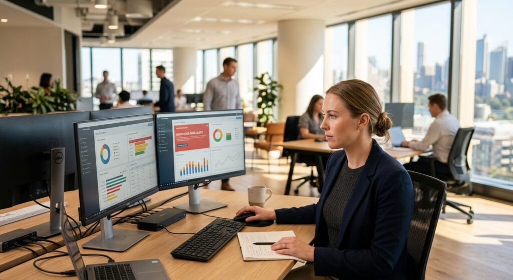 Australian IT professional investigating a business email compromise Australia threat on a workstation in a modern Sydney office