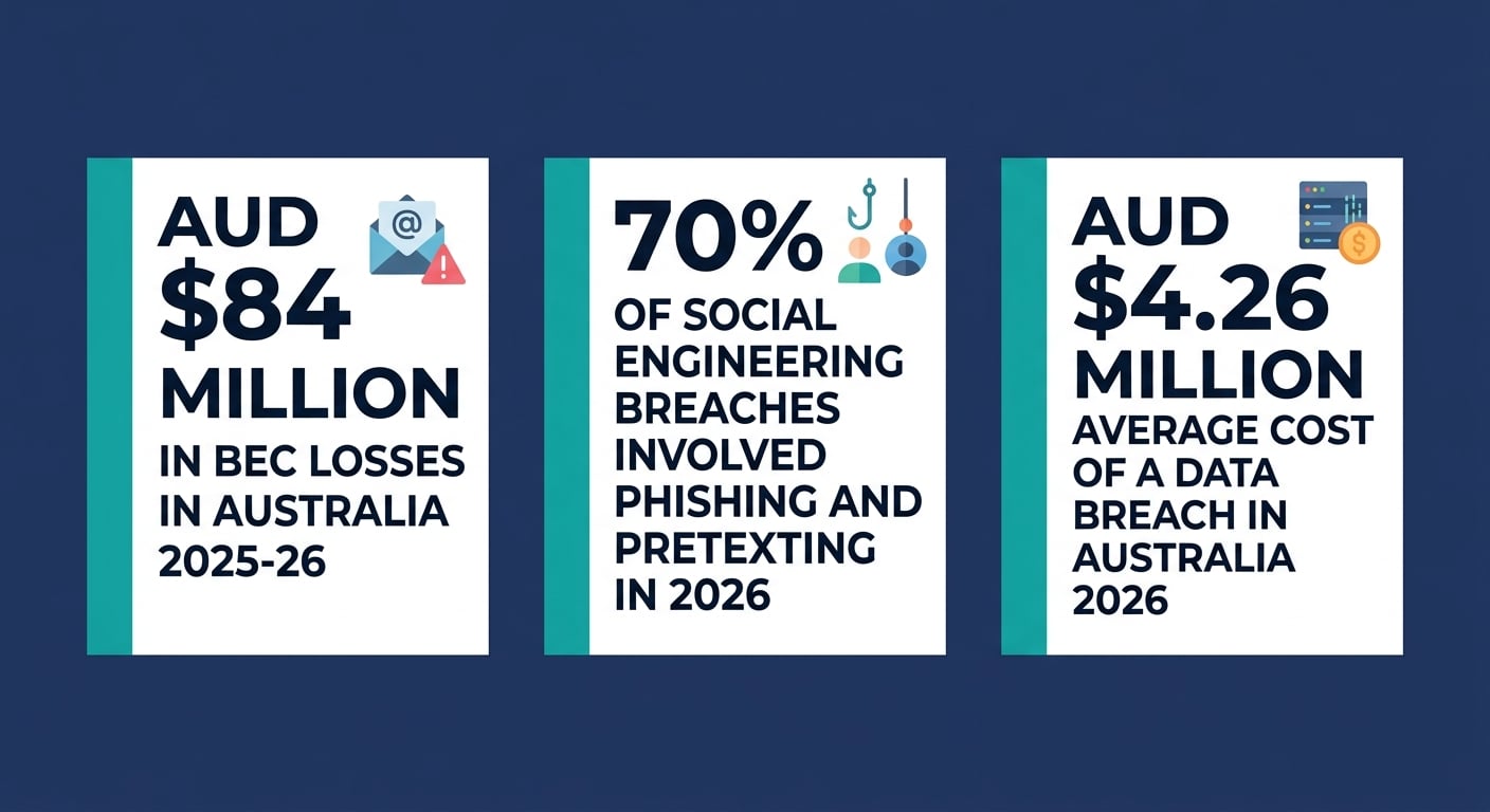 Infographic showing three 2026 statistics on business email compromise Australia losses, social engineering breach rates and average data breach costs
