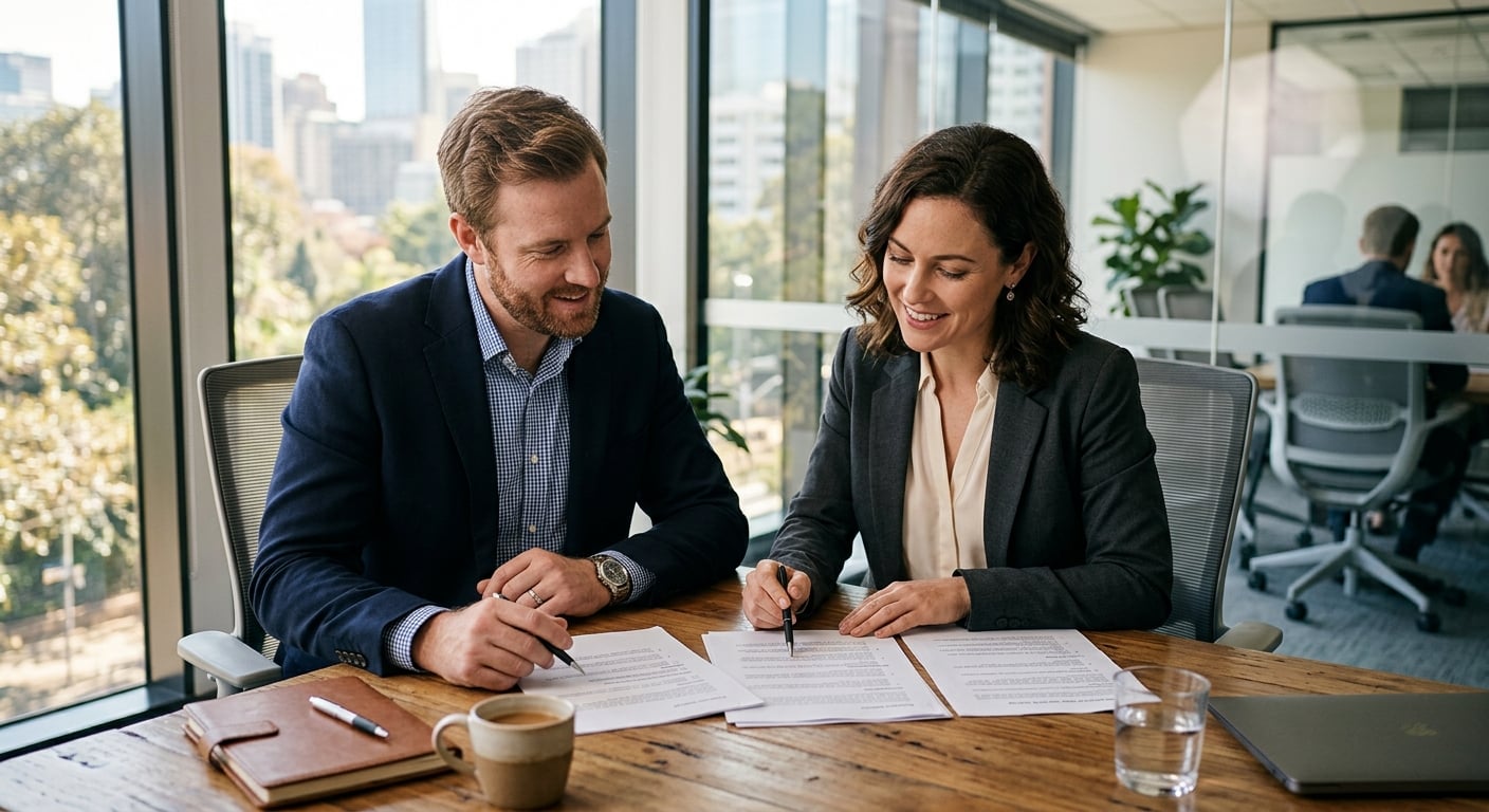 Two Australian business professionals reviewing email security policy documents together in a bright modern meeting room