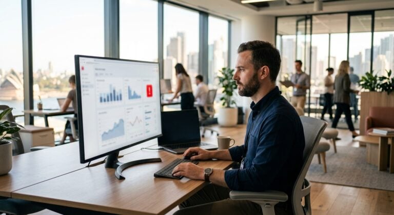 IT professional investigating Canvas data breach Australia on monitor in modern Sydney office
