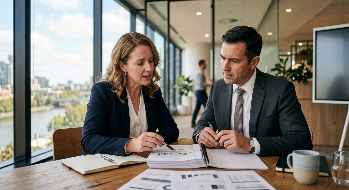 Two Australian business professionals reviewing data breach incident response plan in modern meeting room