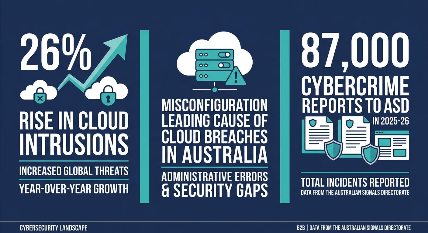 Infographic showing three 2026 cloud security statistics: 26% rise in cloud intrusions, misconfiguration as top breach cause in Australia, and 87,000 ASD cybercrime reports