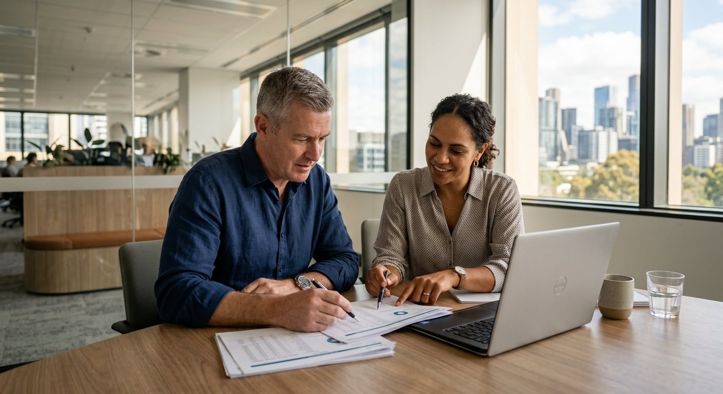 Two Australian business professionals reviewing a cloud security audit report together in a bright modern meeting room