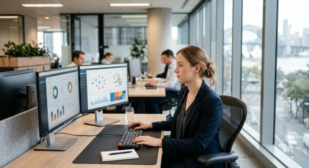 Australian IT professional reviewing identity security Australia dashboard in a modern Sydney office in 2026
