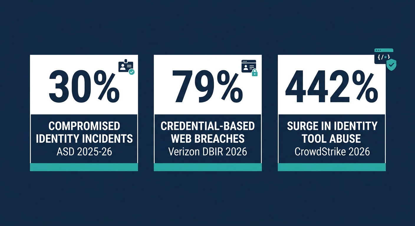 Infographic showing three identity security statistics: 30% ASD incidents involve credentials, 79% breaches use valid credentials, 442% surge in identity tool attacks