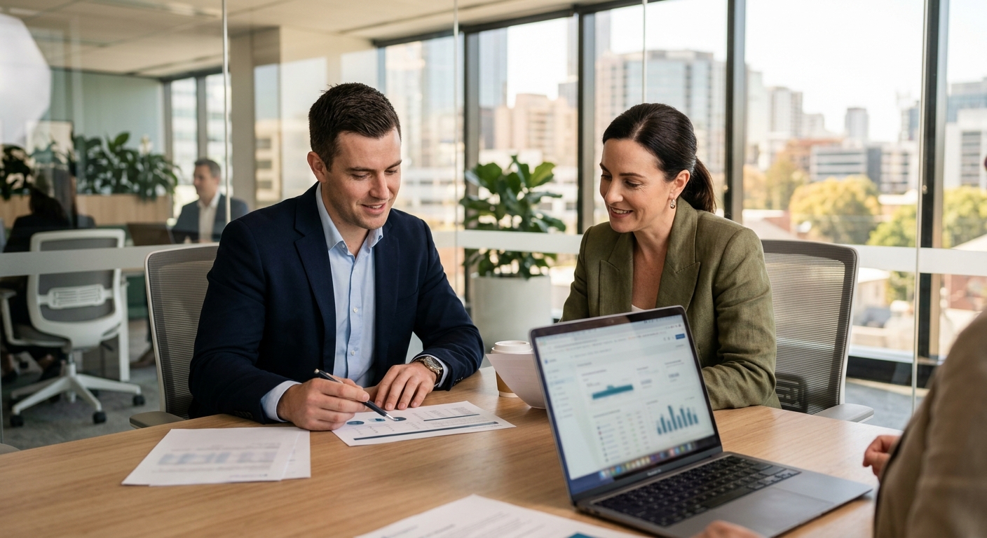Two Australian IT professionals collaborating on an identity security review in a modern meeting room