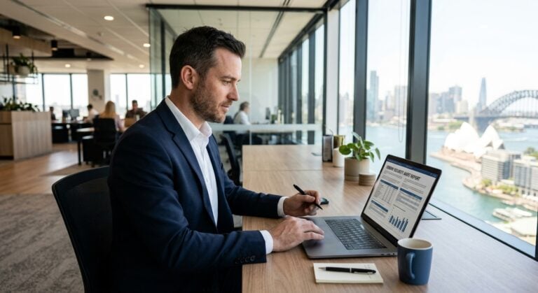 Australian IT professional reviewing third-party vendor security Australia audit report in a modern Sydney office