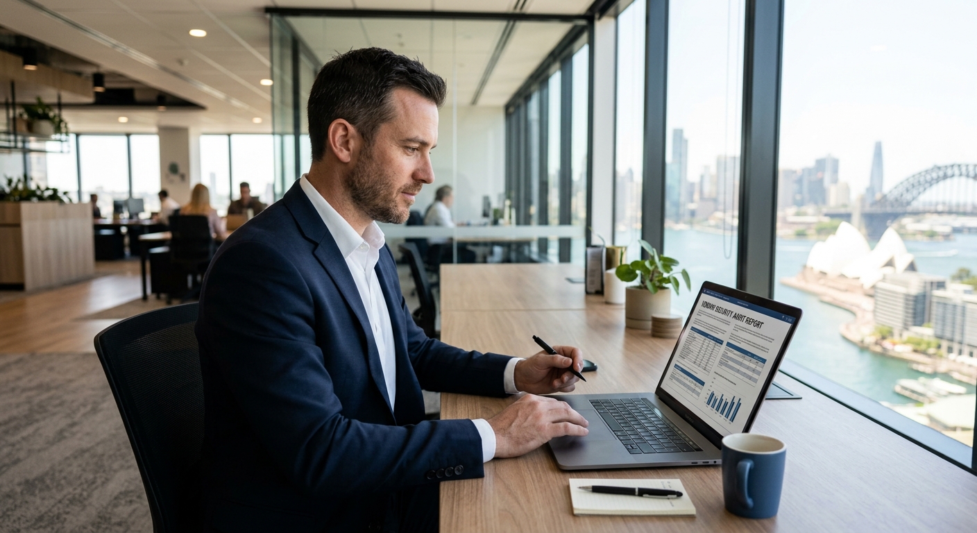 Australian IT professional reviewing third-party vendor security Australia audit report in a modern Sydney office