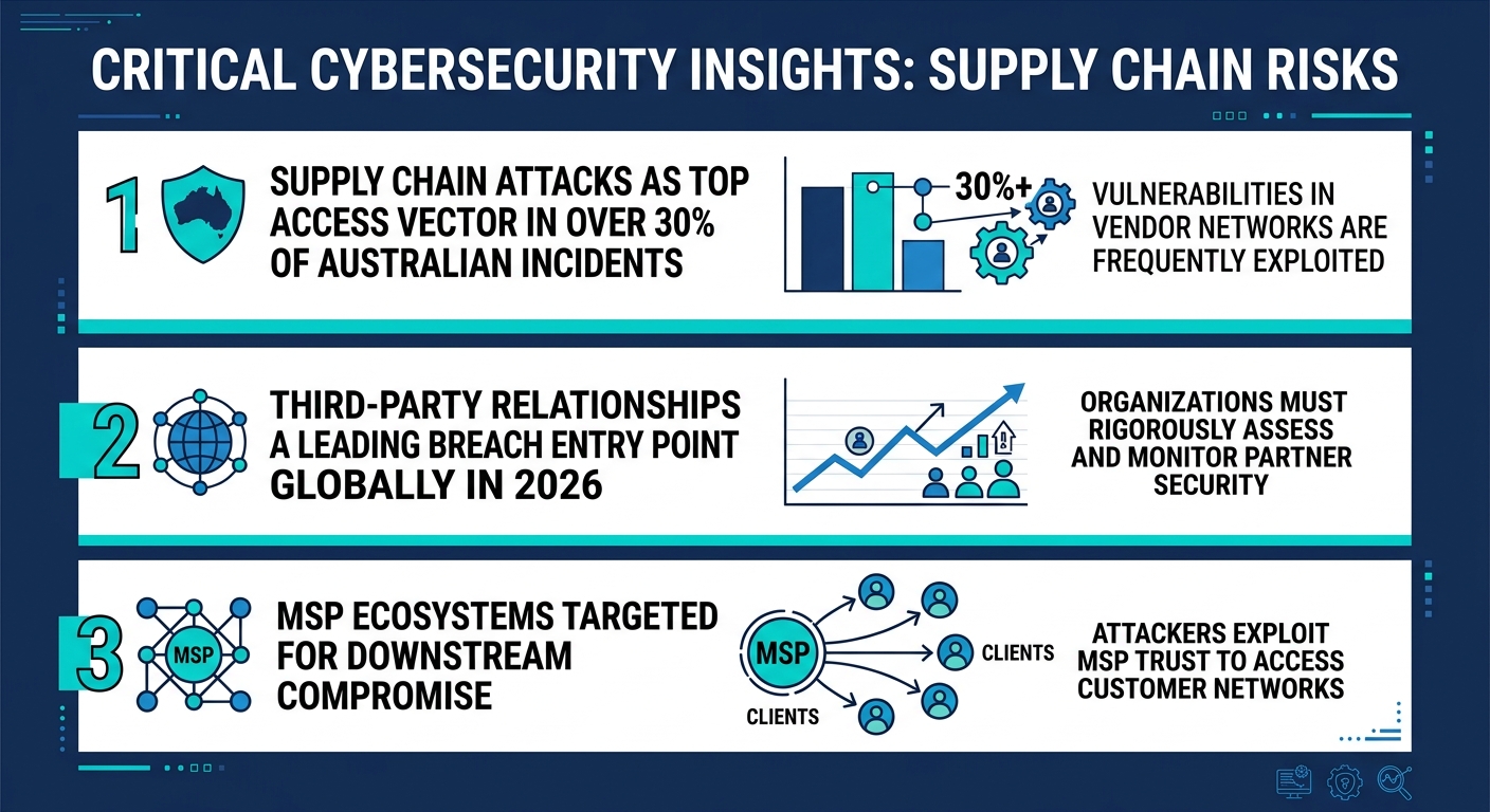 Infographic showing three 2026 statistics on third-party vendor security risks affecting Australian businesses and supply chains