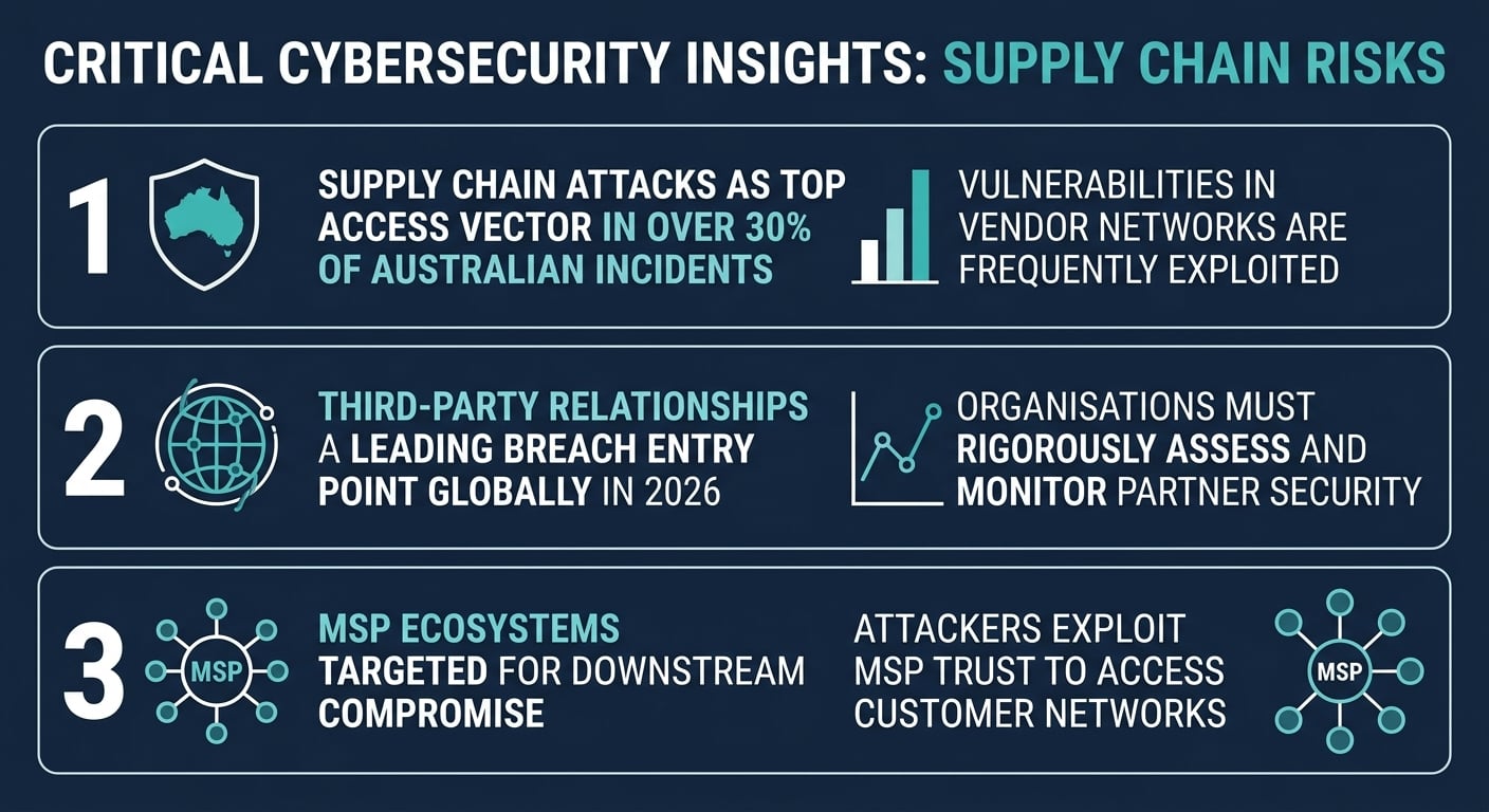 Infographic showing three 2026 statistics on third-party vendor security risks affecting Australian businesses and supply chains