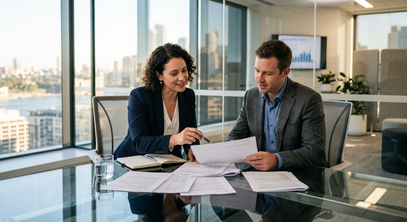 Two Australian professionals reviewing vendor risk management documents in a modern meeting room