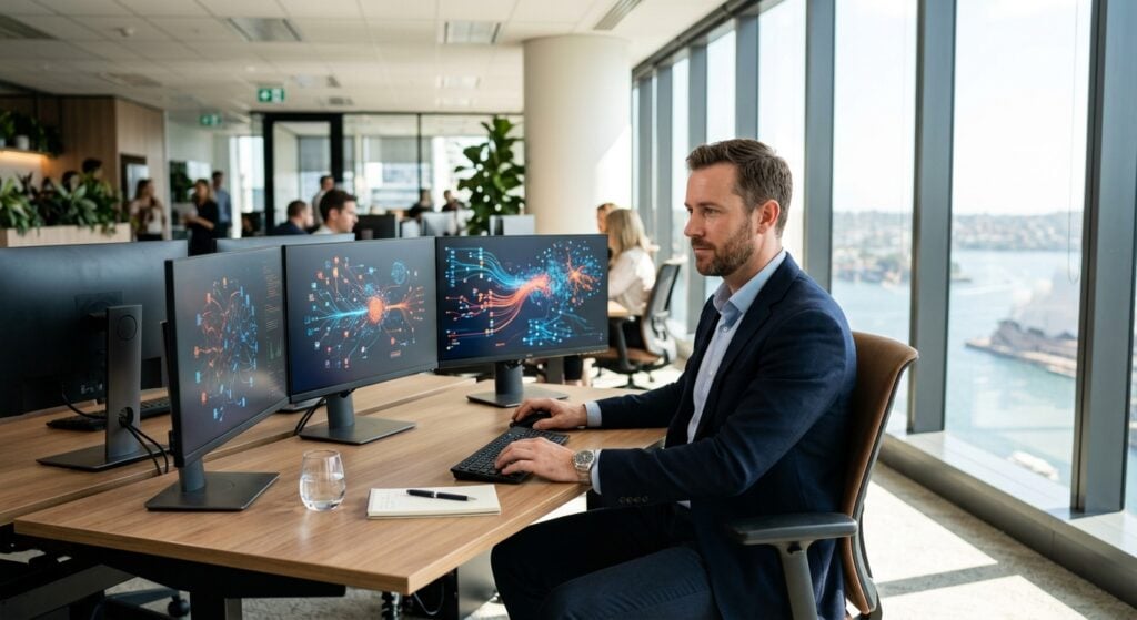 Australian IT professional monitoring AI cyber attacks Australia on workstation in modern Sydney office