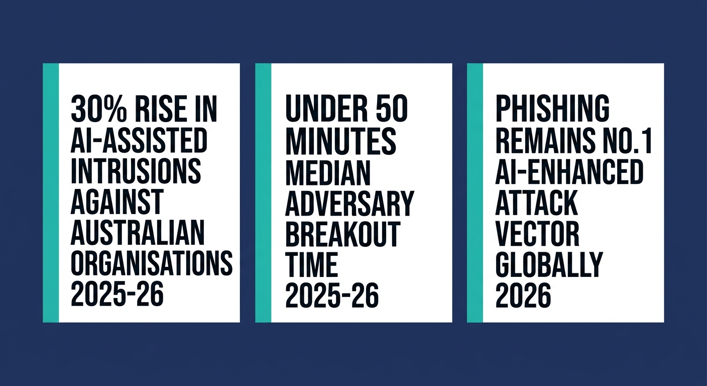 Infographic showing three 2026 statistics on AI cyber attacks targeting Australian organisations including rising intrusion rates and breakout times