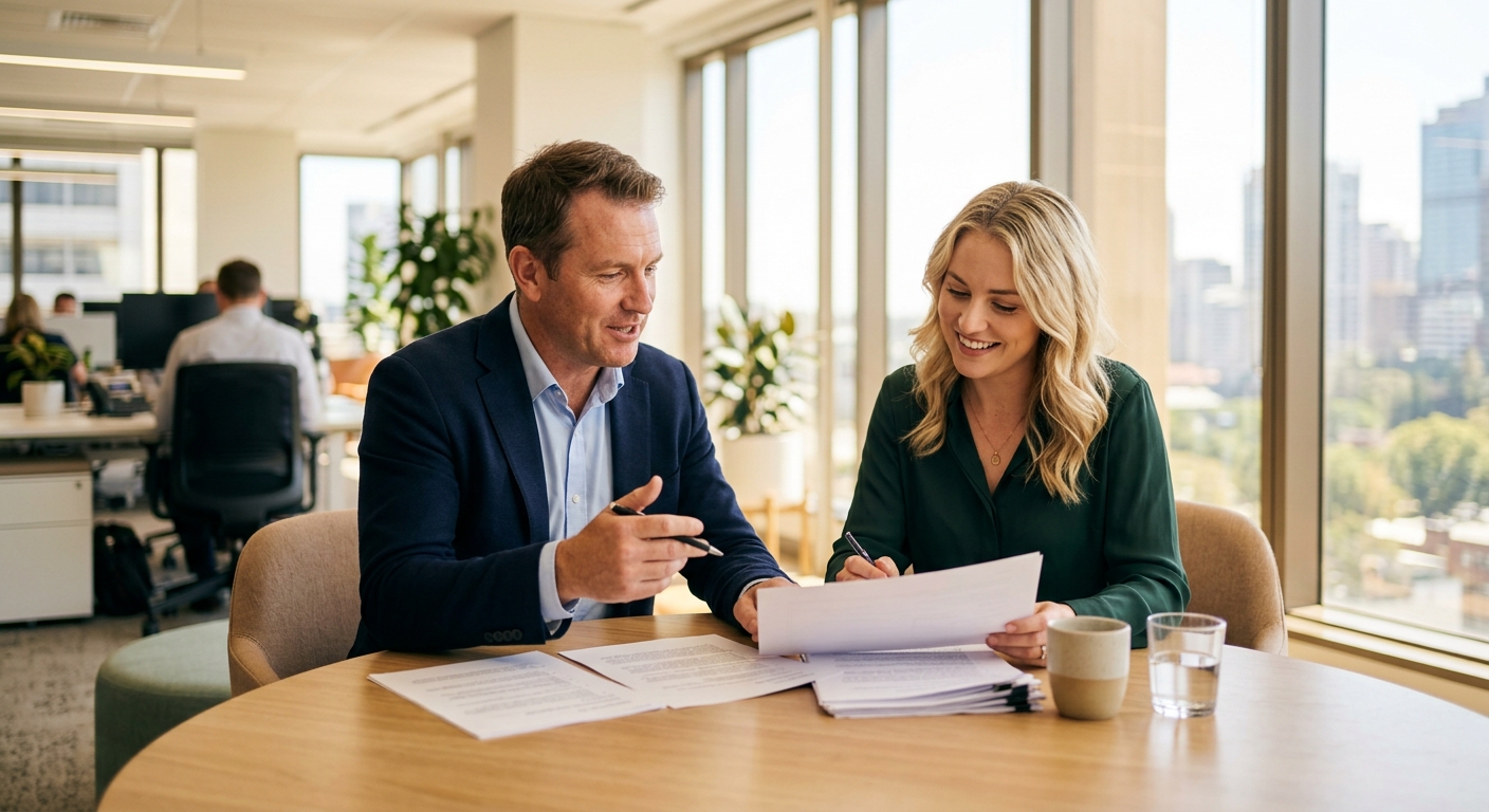 Two Australian business professionals reviewing a cyber security assessment in a modern meeting room