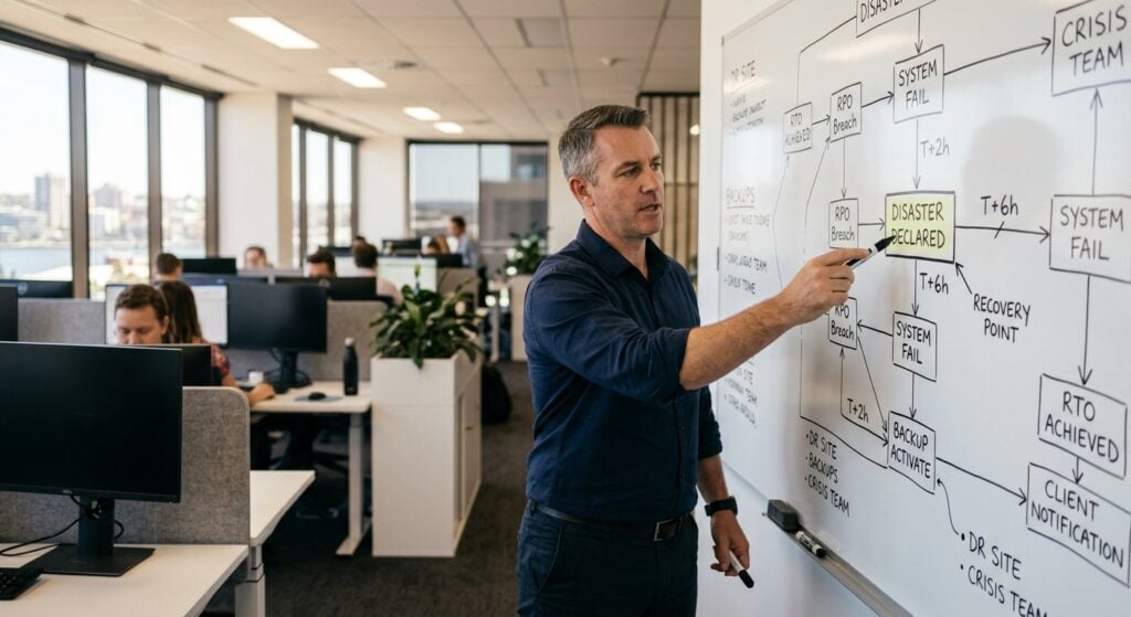 IT manager in Newcastle office presenting a disaster recovery planning Australia flowchart on a whiteboard