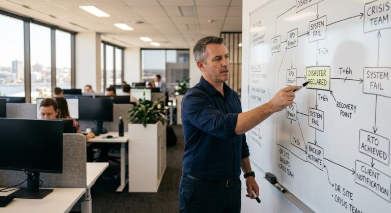 IT manager in Newcastle office presenting a disaster recovery planning Australia flowchart on a whiteboard