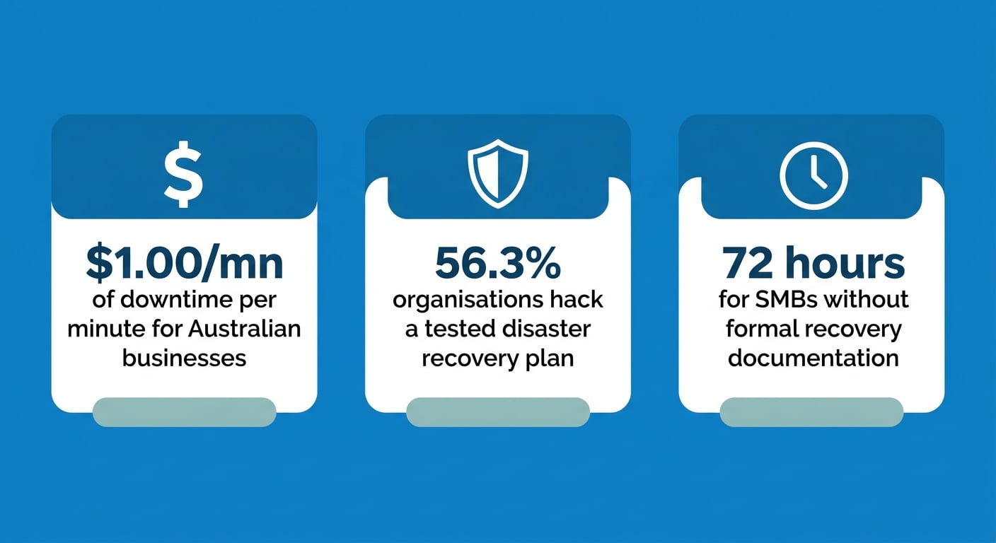 Infographic showing three disaster recovery planning Australia statistics: downtime cost, untested DR plans, and SMB recovery times in 2026